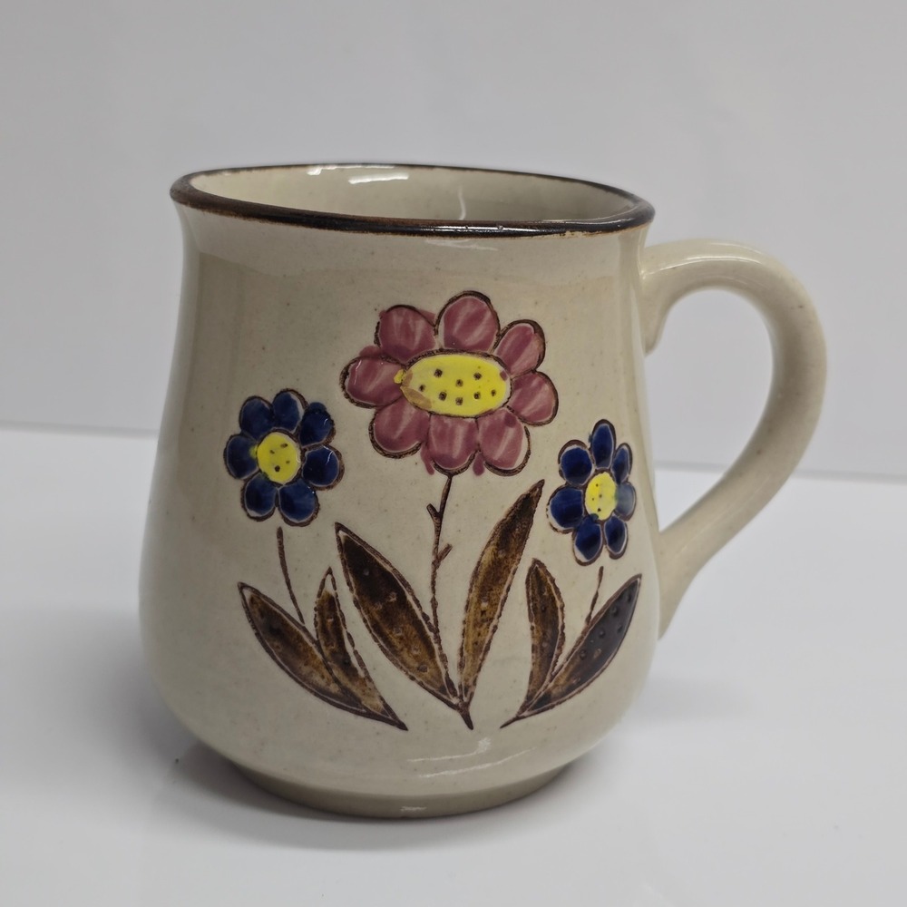 Floral Coffee Mug Tan Ceramic Stoneware Korea Hand Painted Boho Cottagecore